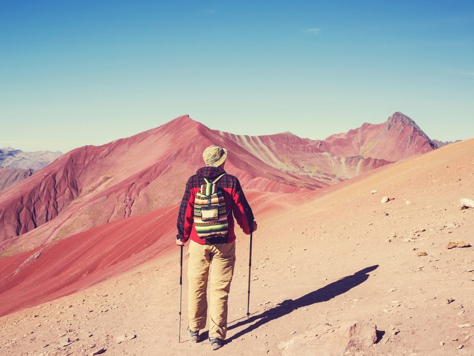 Hiking scene in Vinicunca, Cusco Region, Peru. Montana de Siete Colores, Rainbow Mountain.