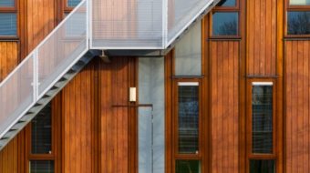 Escape stairs on a modern sustainable wooden office facade
